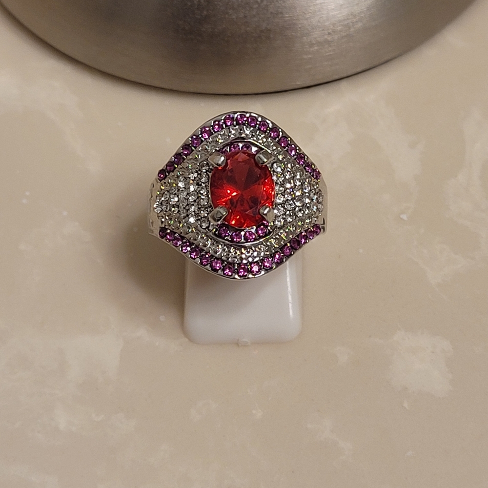 925 Silver Cz And Ruby Statement Ring Size 10 - image 2